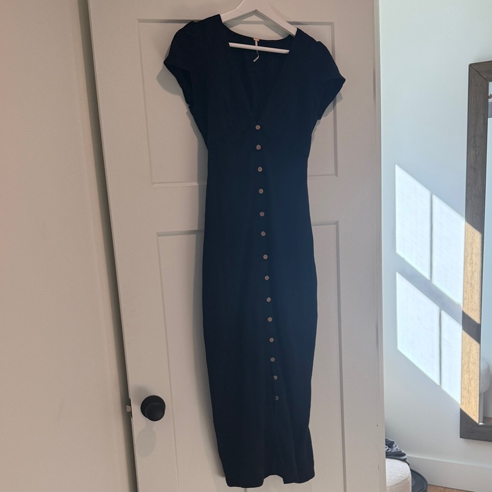 Free People Black Midi Dress with Button Detail